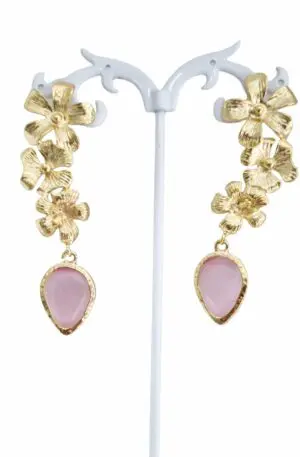 Earrings made with golden brass flowers and pink cat's eye stone. Weight 8.3 g Length 7cm