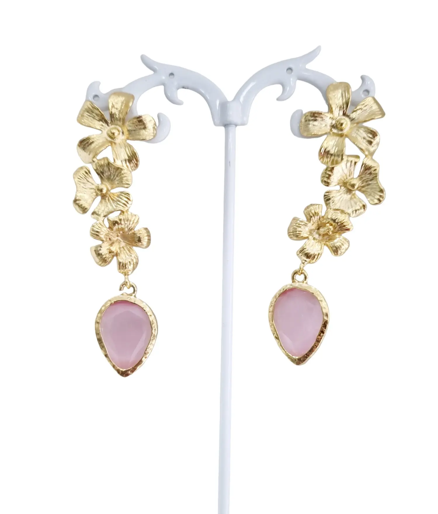 Earrings made with golden brass flowers and pink cat's eye stone. Weight 8.3 g Length 7cm