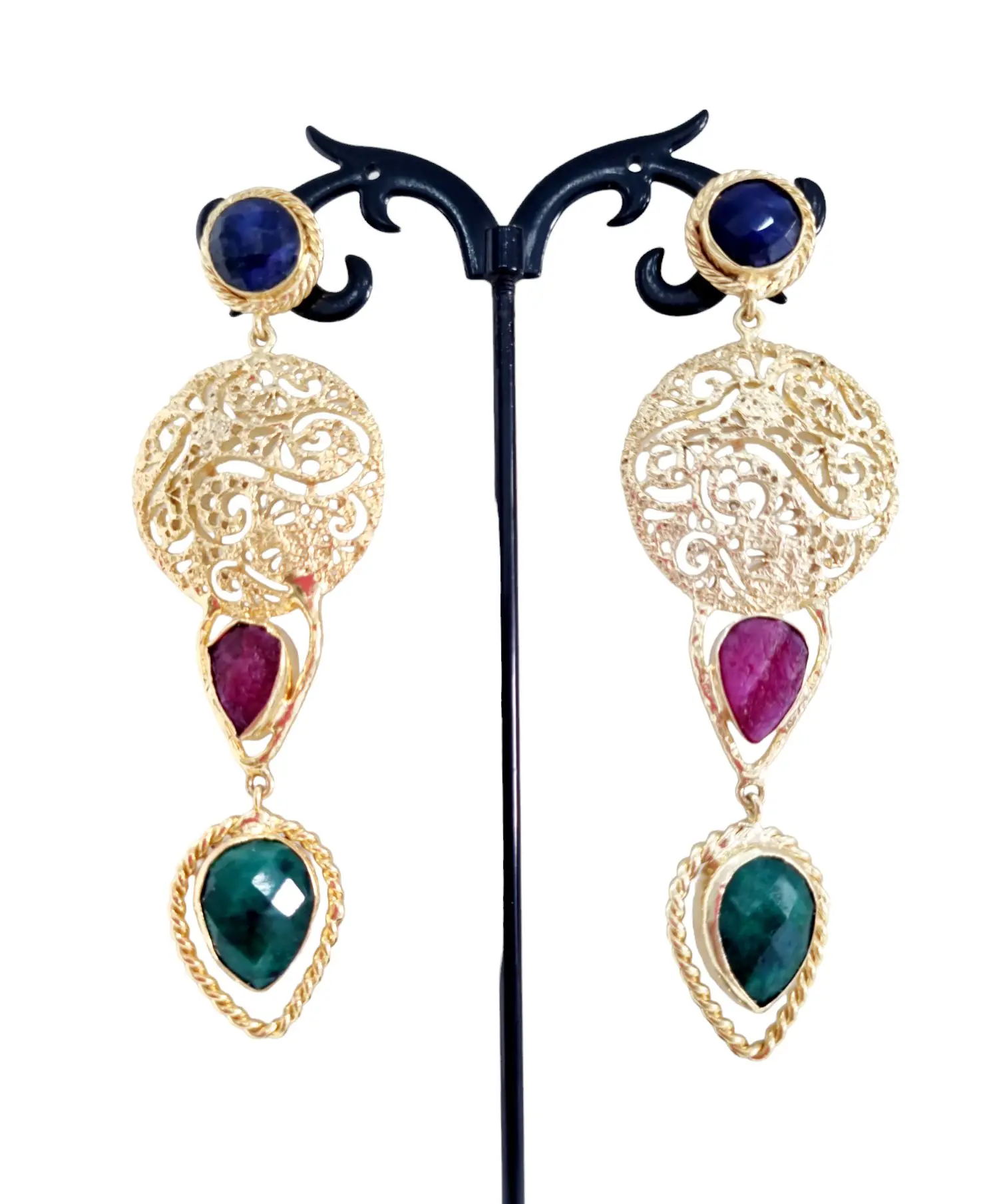 Earrings made with carved brass and natural stones. Length 9cm Weight 12.5gr