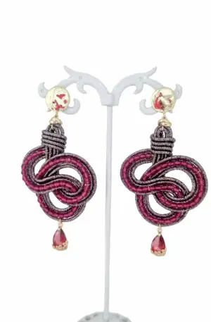 Earrings handcrafted with glittery fabric and fuchsia crystals. Length 8cm Weight 8.2g