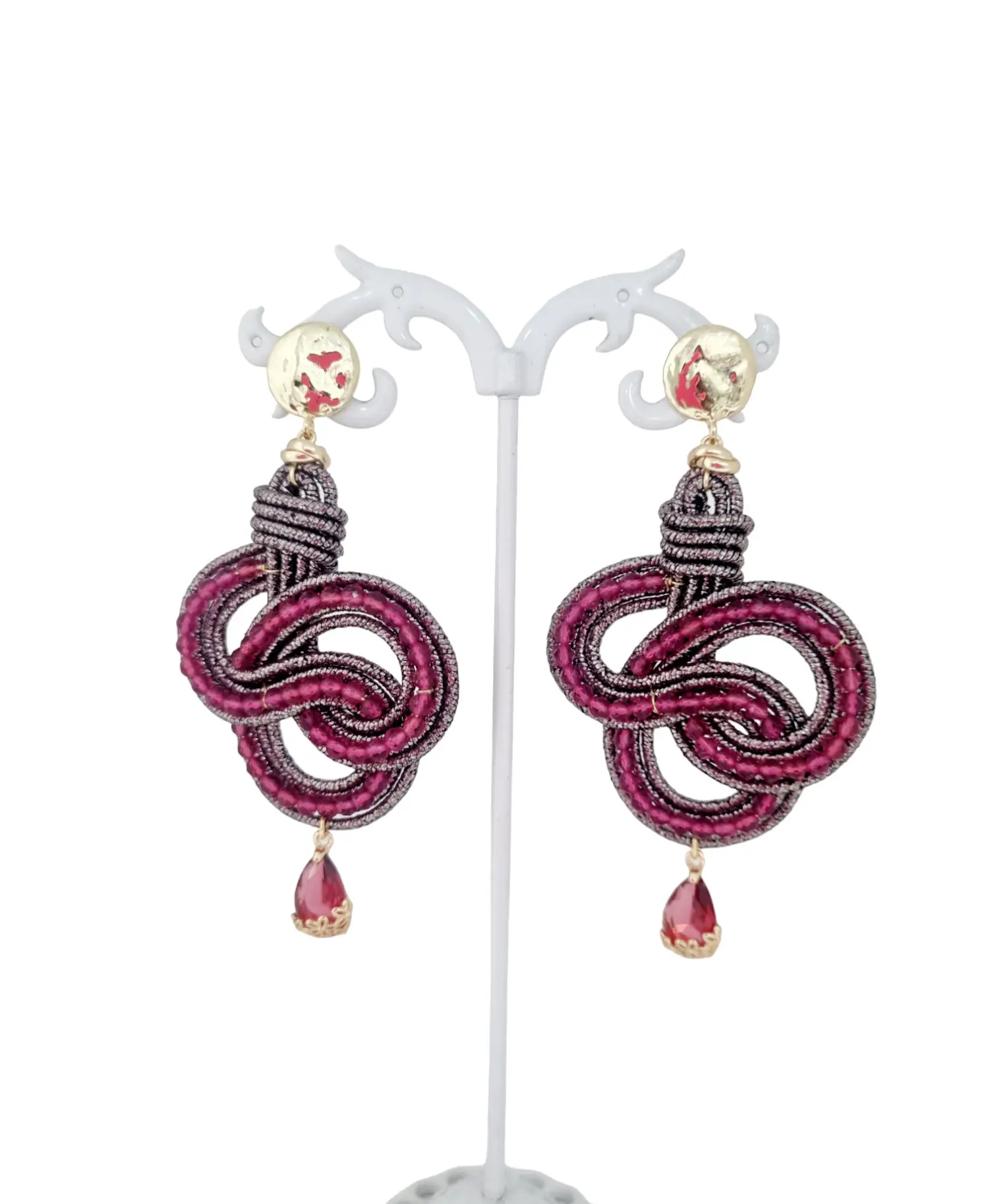 Earrings handcrafted with glittery fabric and fuchsia crystals. Length 8cm Weight 8.2g