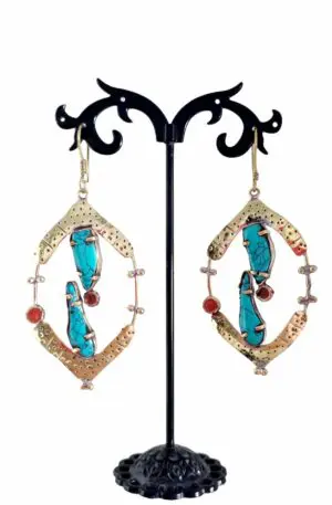Earrings made of brass with turquoise and coral set. Length 8 cmWeight 7.7gr