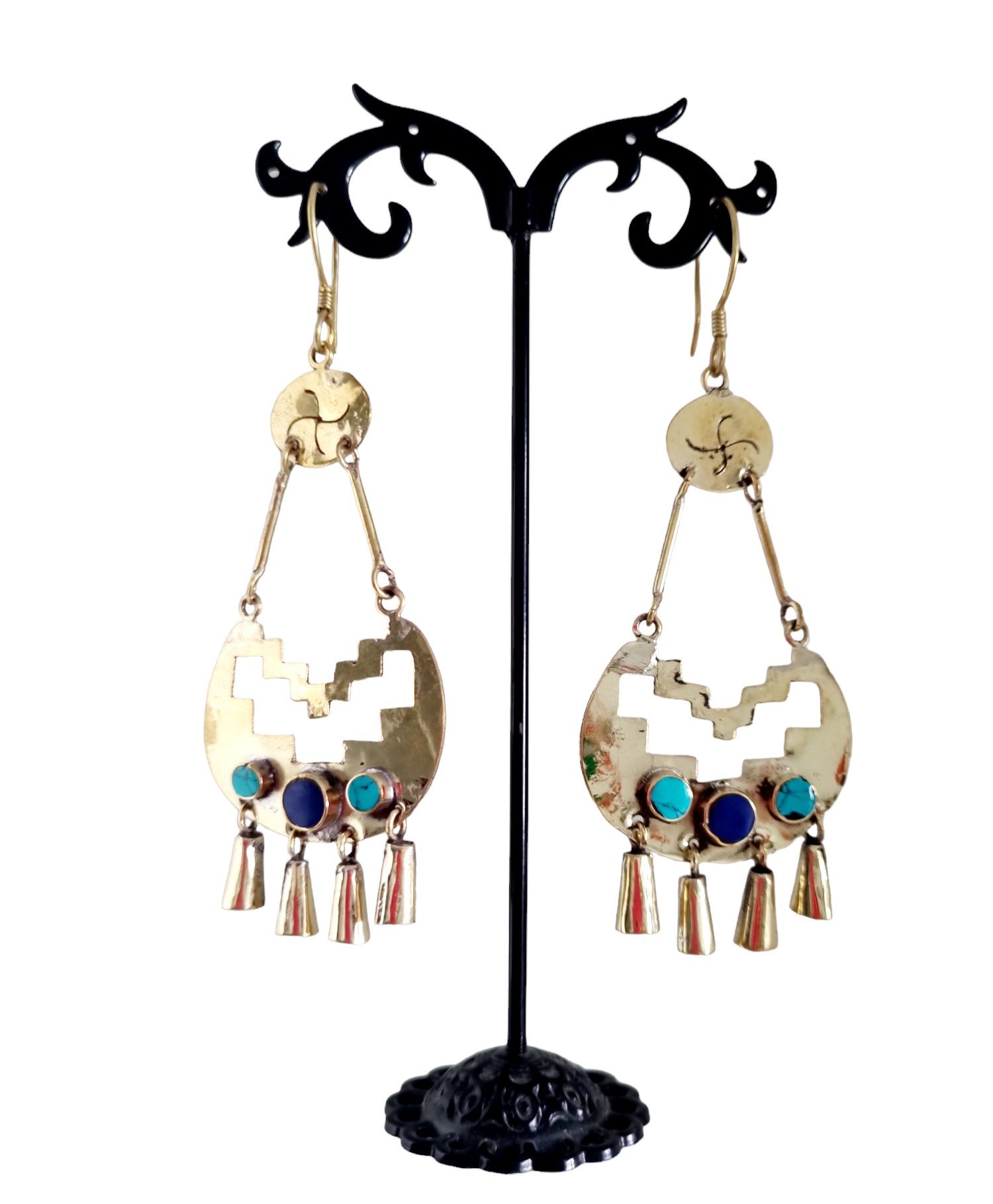 Earrings made with brass and set with turquoise and lapis lazuli. Length 10cm Weight 7.7gr