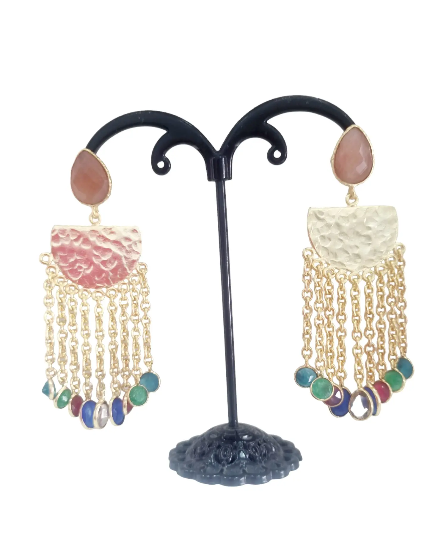 Earrings made with brass and multicolored pendant quartz. Length 6.5cm Weight 7.6gr
