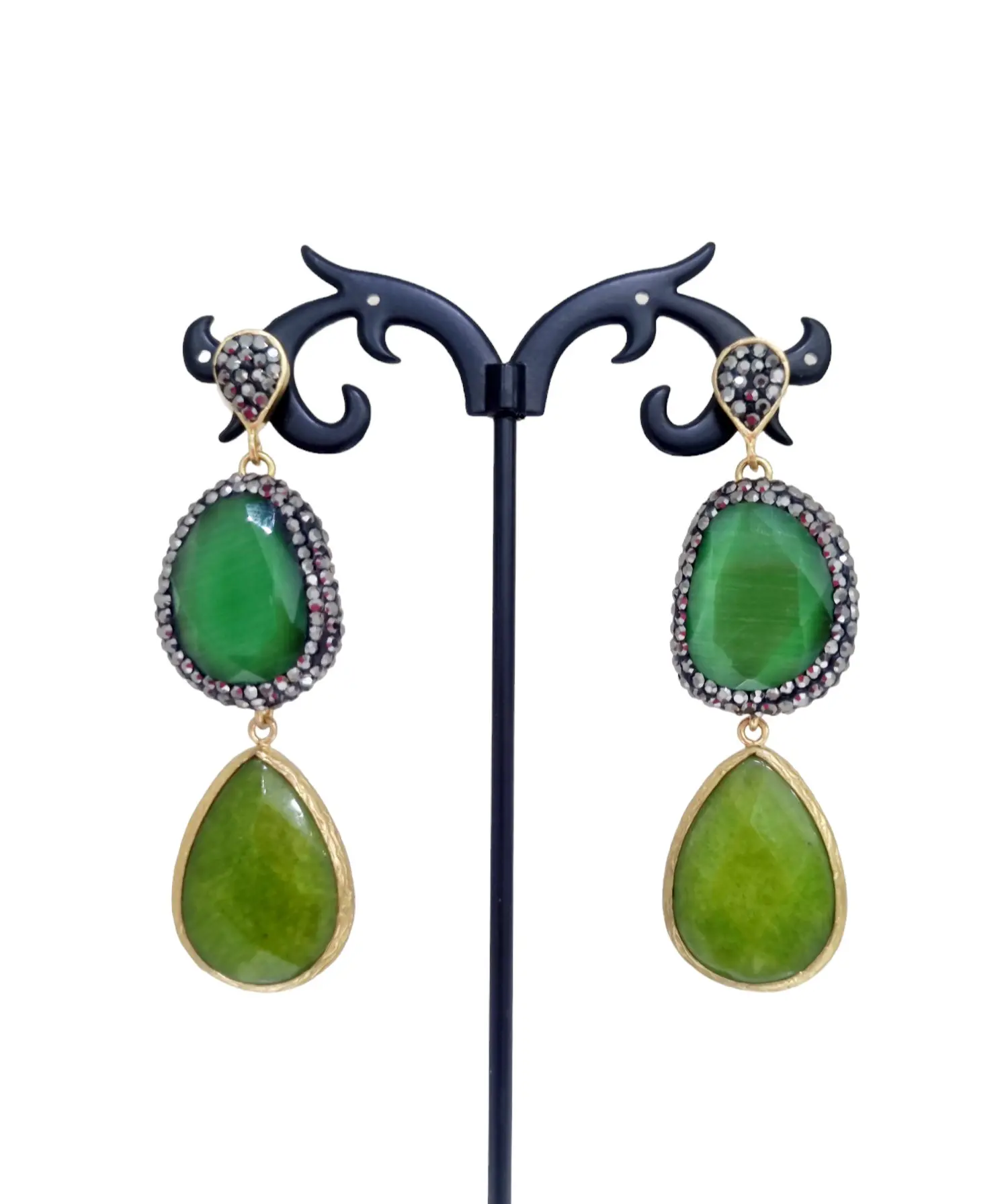 Earrings made with cat's eye surrounded by Marcasite and agate surrounded by brass. Length 6.5cm Weight 11.6gr
