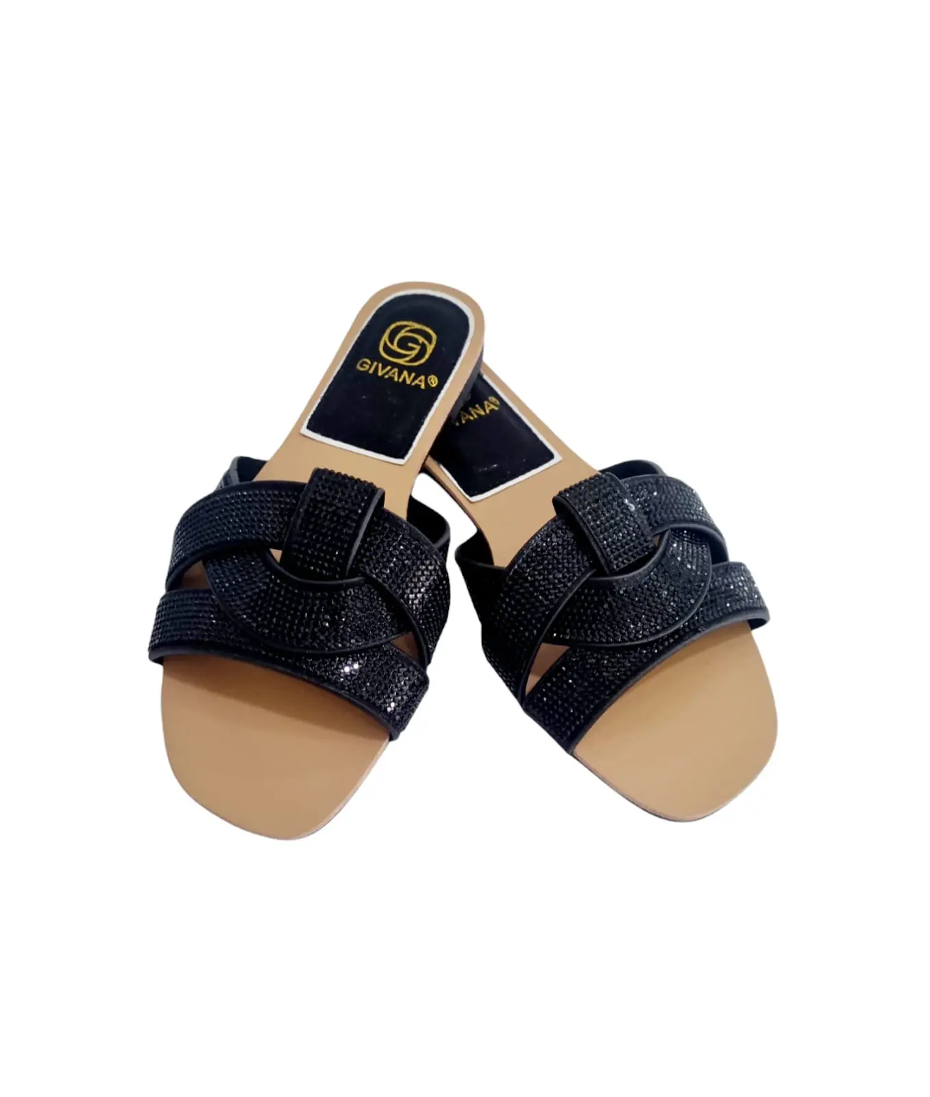 Slippers with black rhinestones, non-slip sole, 1.5cm rise.