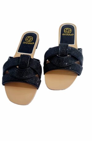 Slippers with black rhinestones, non-slip sole, 1.5cm rise.