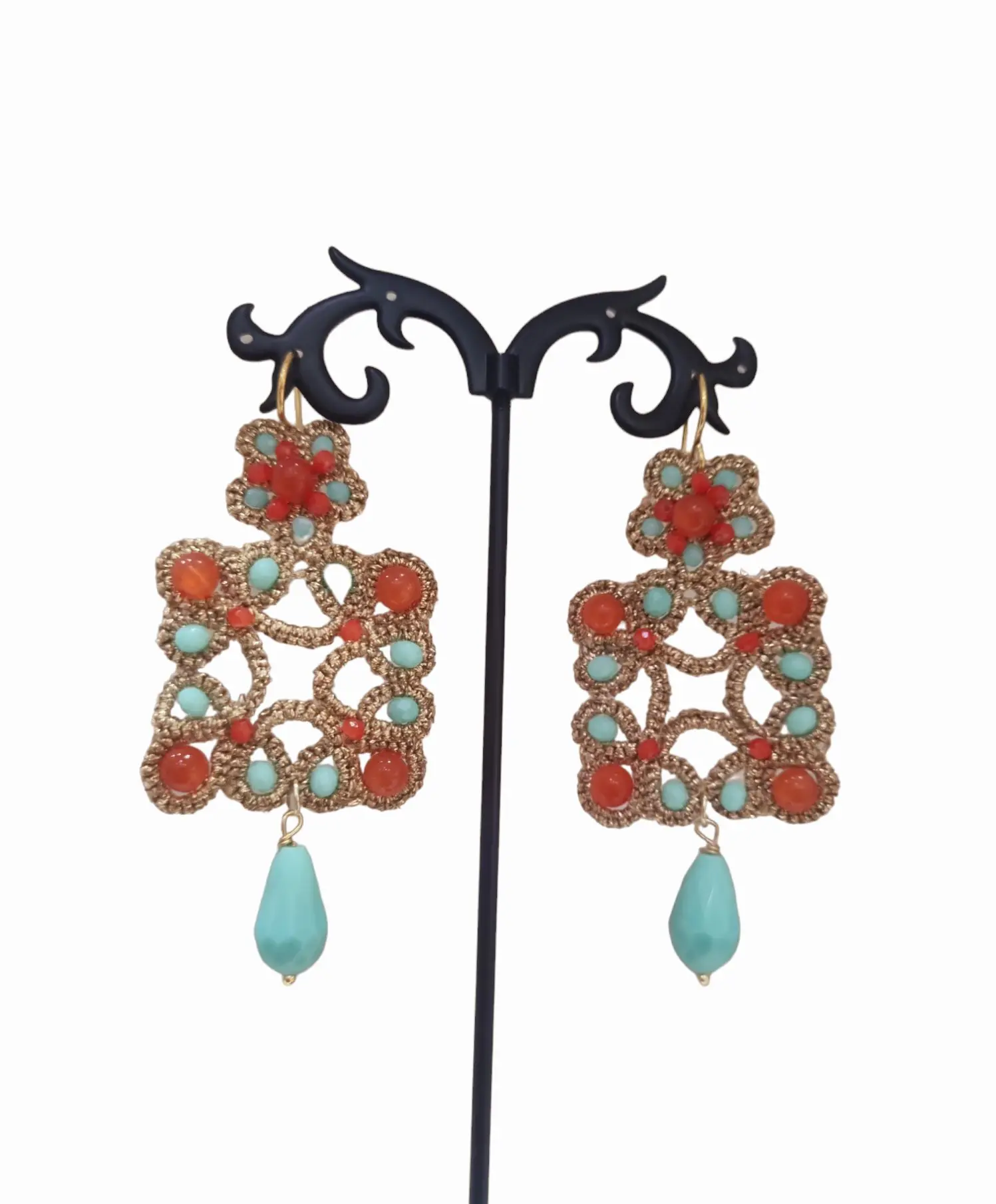 Earrings made of fabric with crystals and agate Length 8cm Weight 4.9gr