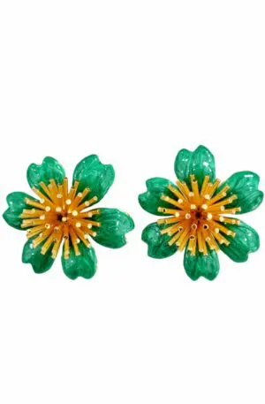 Lobe earrings made with green enamelled brass flowers Weight 15g Length 2cm Size 4cm
