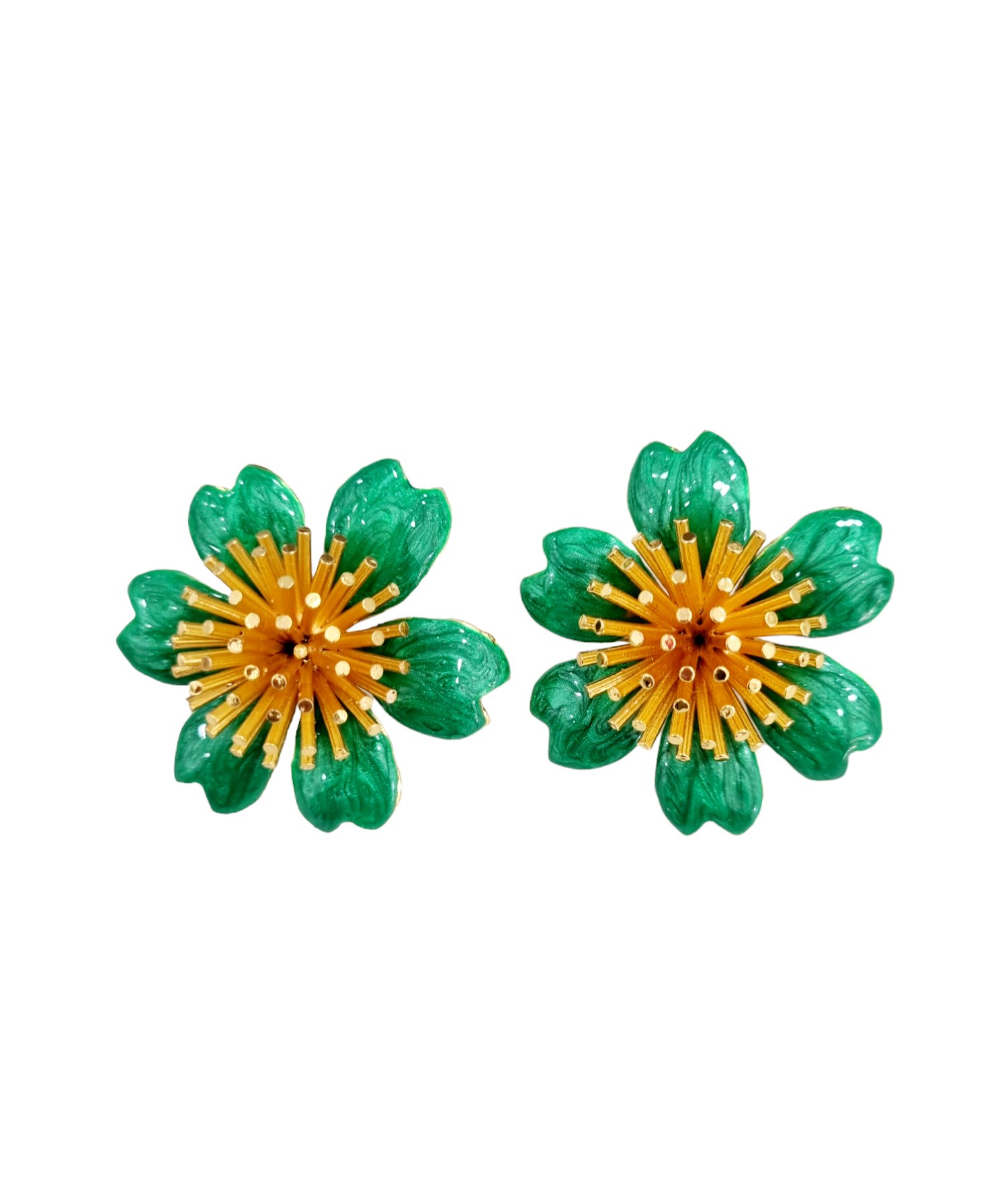 Lobe earrings made with green enamelled brass flowers Weight 15g Length 2cm Size 4cm