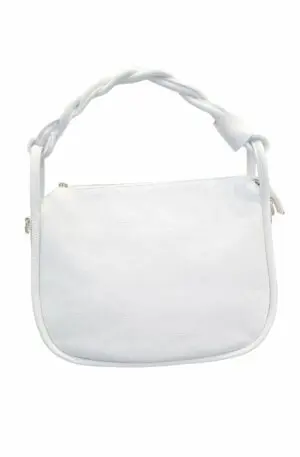 Weiße Tasche aus echtem Leder, hergestellt in Italien, mit geflochtenem Griff, ausgestattet mit Schultergurt und gefüttertem Innenraum mit Tasche. Reißverschluss. Maße L 33 B10 H26