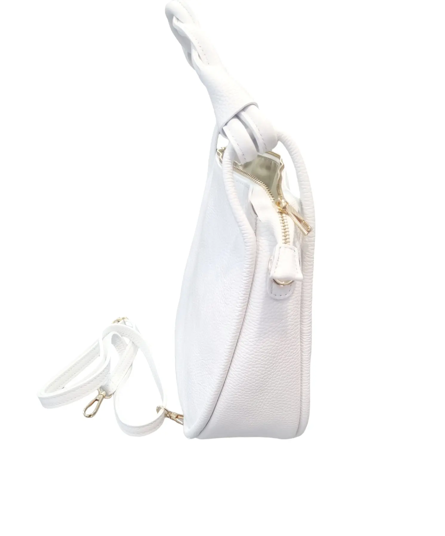 White bag in real leather, made in Italy, with braided handle, equipped with shoulder strap and lined interior with pocket. Zip closure. Measurements L 33 B10 H26