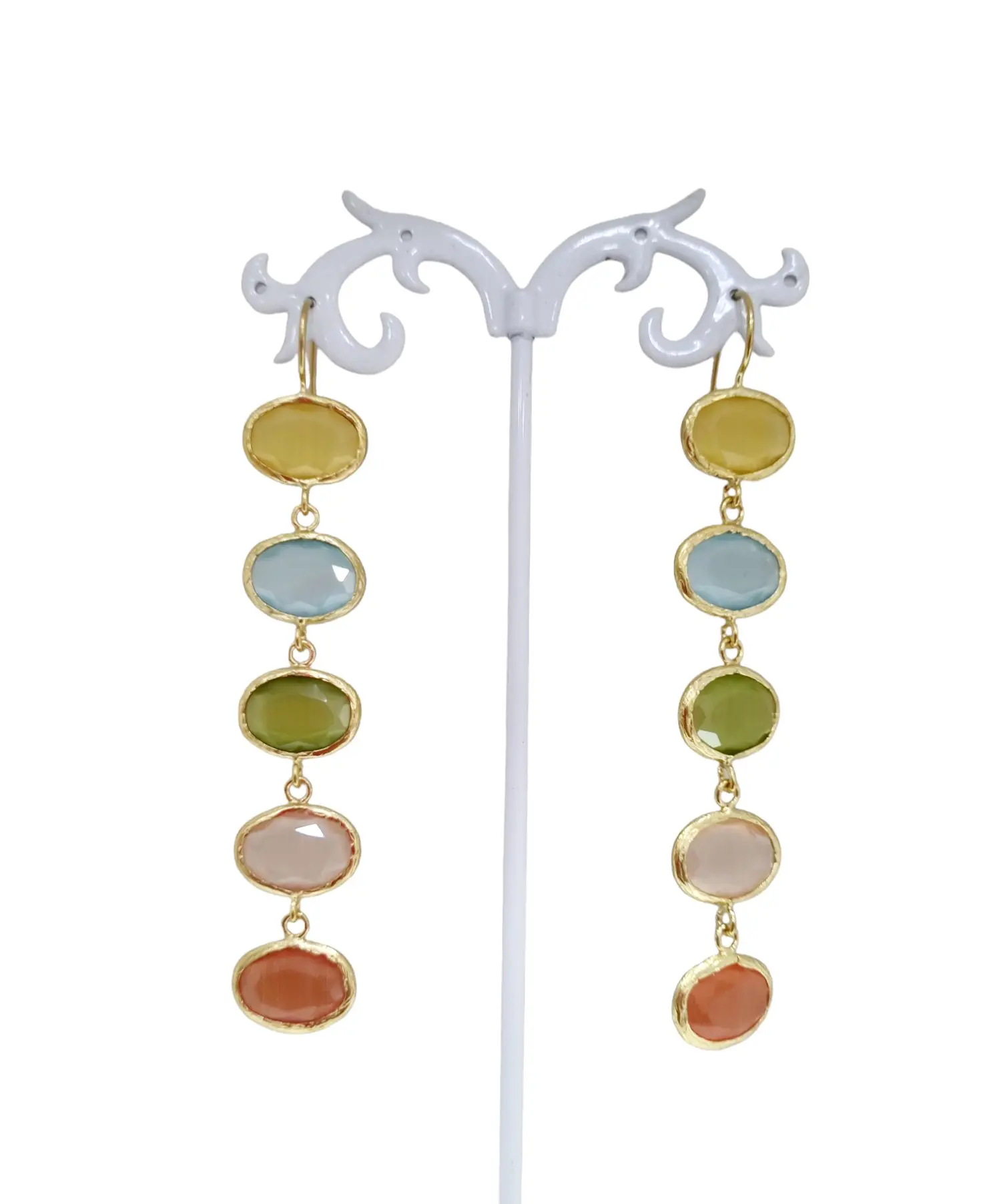 Earrings made with cat's eye in various pastel colors surrounded by brass Weight 6.4g Length 9cm