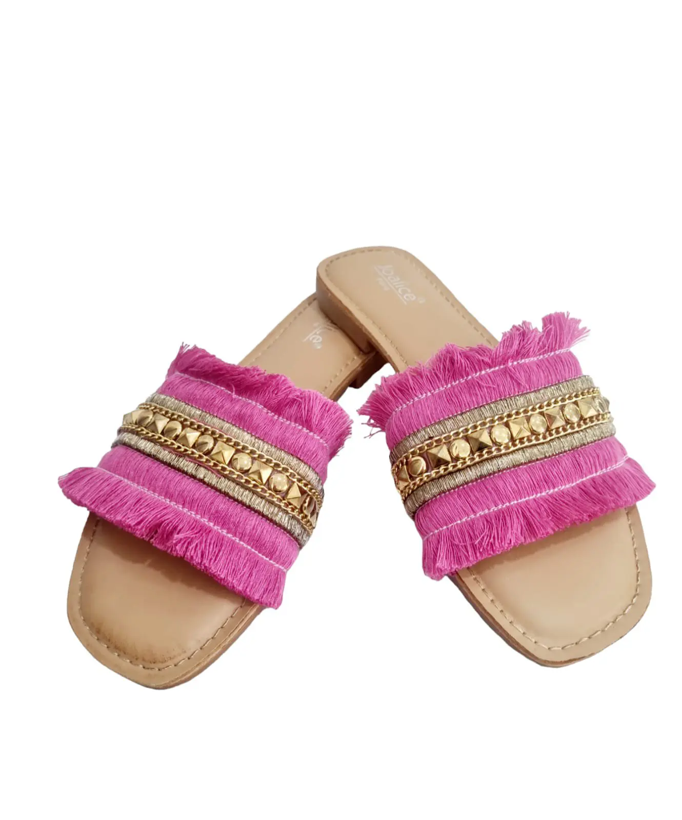 Slippers with fringes 1.5cm rise, non-slip sole. Fuchsia and gold colour