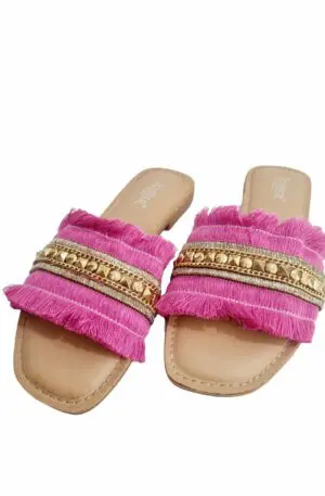 Slippers with fringes 1.5cm rise, non-slip sole. Fuchsia and gold colour