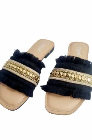 Slippers with fringes 1.5cm rise, non-slip sole. Black and gold color