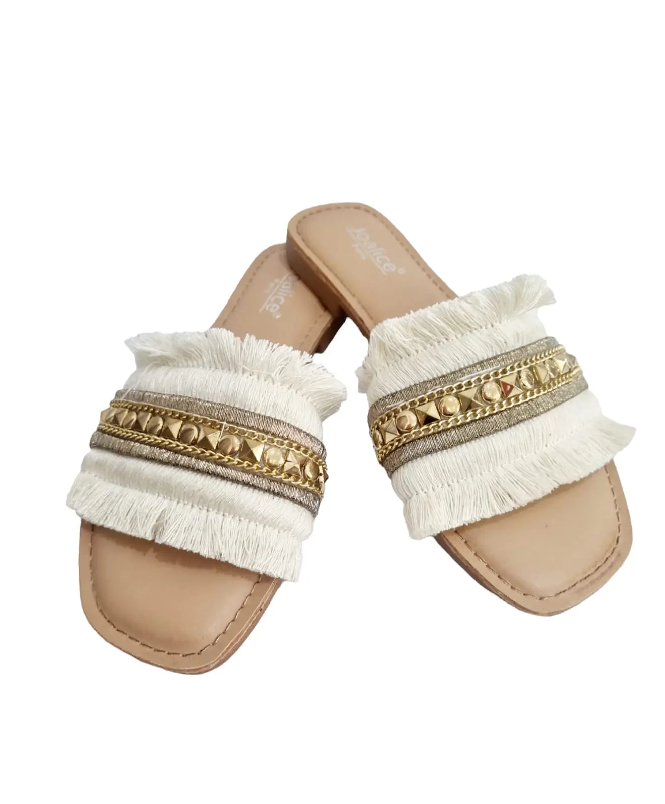Slippers with fringes 1.5cm rise, non-slip sole. Light beige and gold color