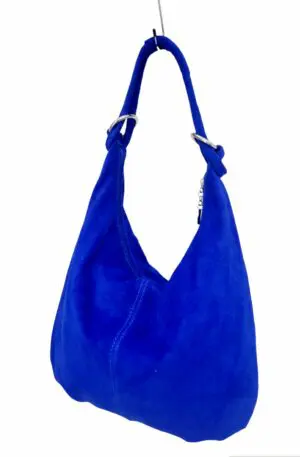 Electric blue suede bag with silver trim, zip closure, lined interior with side suede pocket for mobile phone and zip pocket. certified genuine leather, made in Italy. Measure L 43 H 34, handle width 29cm