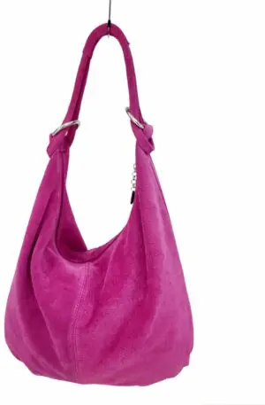 Fuchsia suede bag with silver trim, zip closure, lined interior with side suede pocket for mobile phone and zip pocket. certified genuine leather, made in Italy. Measurements L 43 H 34, handle width 29cm