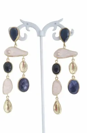 Earrings made with mother of pearl, lapis lazuli, cat's eye brass and obsidian. Weight 12.8 g Length 8.5cm