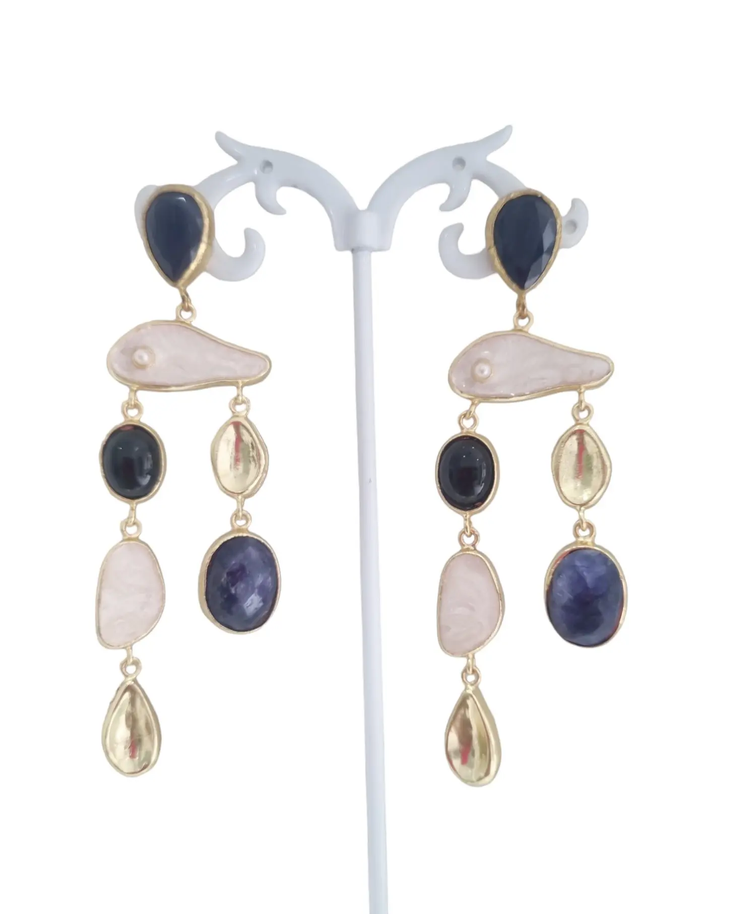 Earrings made with mother of pearl, lapis lazuli, cat's eye brass and obsidian. Weight 12.8 g Length 8.5cm