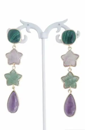 Earrings made with natural stones: quartz, amethyst and malachite. Length 7.5cm Weight 7.6gr