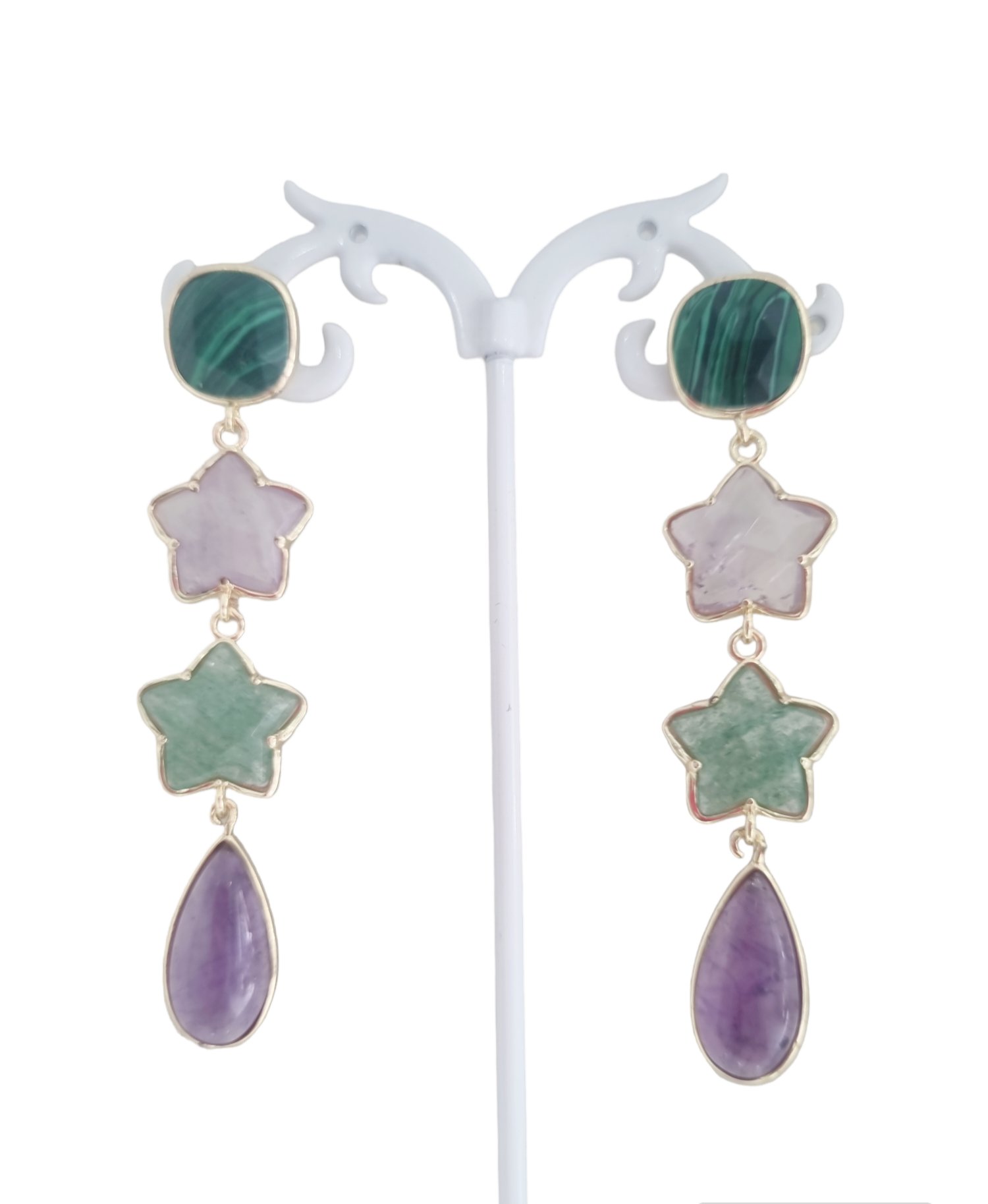 Earrings made with natural stones: quartz, amethyst and malachite. Length 7.5cm Weight 7.6gr