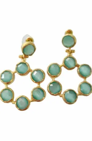 Earrings made with cat's eye surrounded by brass. Aqua green color Length 4.5cm Weight 7.3gr
