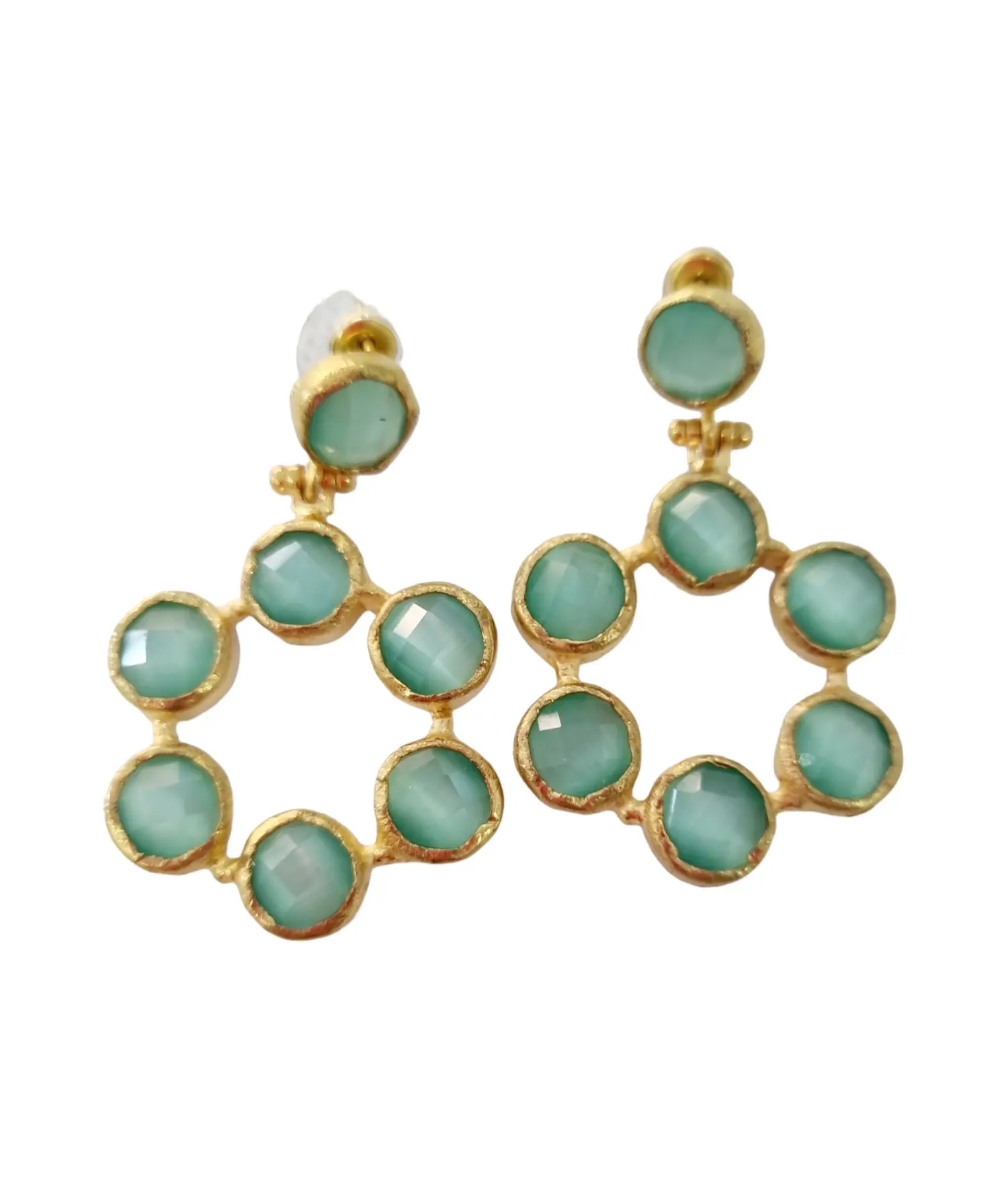 Earrings made with cat's eye surrounded by brass. Aqua green colour. Length 4.5cm Weight 7.3gr
