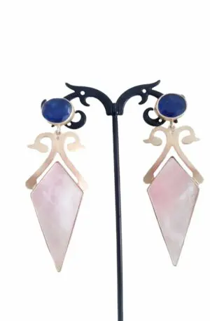 Earrings made with mother of pearl, blue cat's eye and brass work.Length 7.5cmWeight 11.8gr