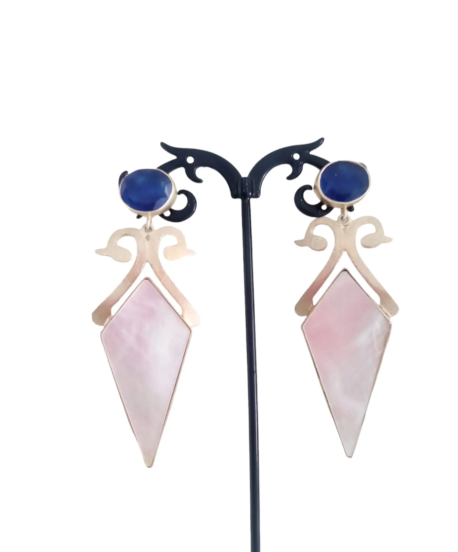 Earrings made with mother of pearl, blue cat's eye and brass work.Length 7.5cmWeight 11.8gr