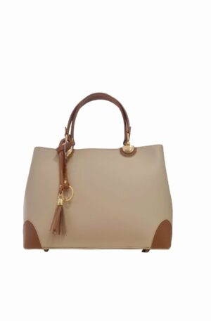 Genuine leather bag, made in Italy, beige and leather, equipped with shoulder strap with lined interior divided into three compartments and side pockets. zip closure. studs on the base. measures L 31 B12 H24