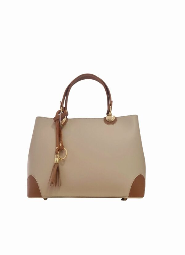 Genuine leather bag, made in Italy, beige and leather, equipped with shoulder strap with lined interior divided into three compartments and side pockets, zip closure, studs on the base, measures L 31 B12 H24