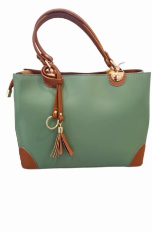 Genuine leather bag, made in Italy, green and tan, equipped with shoulder strap with lined interior divided into three compartments and side pockets. zip closure. studs on the base. measures L 31 B12 H24