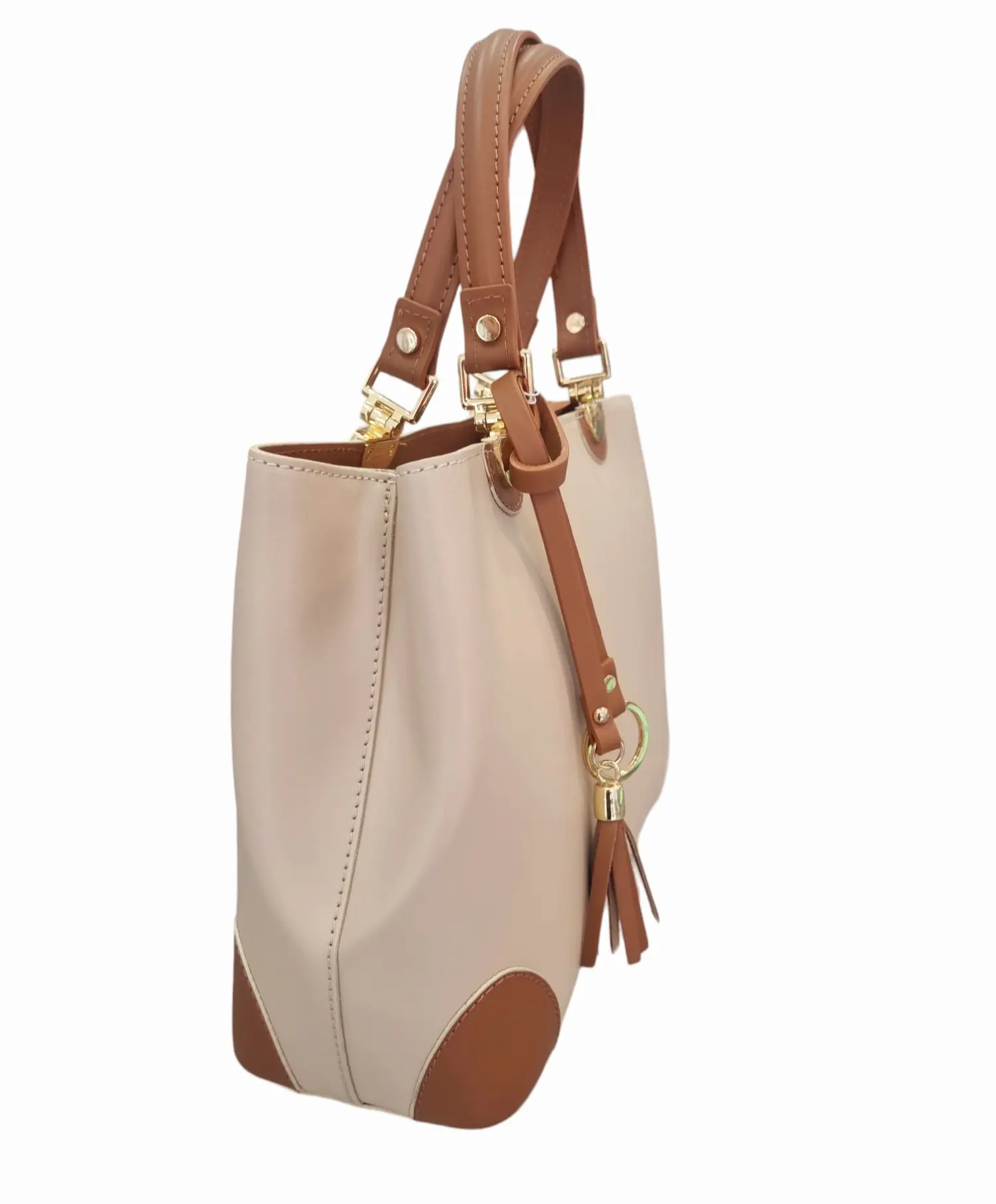 Genuine leather bag, made in Italy, beige and leather, equipped with shoulder strap with lined interior divided into three compartments and side pockets, zip closure, studs on the base, measures L 31 B12 H24