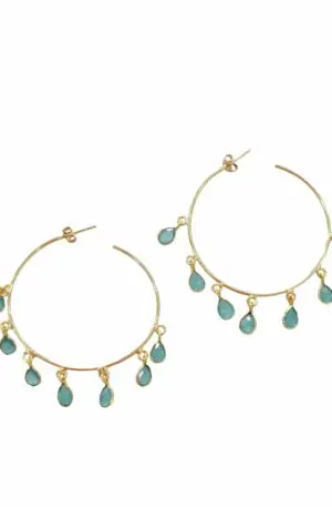 Hoop earrings made of brass with hanging quartz drops in aquamarine colour. Circle circumference 5cm Weight 3.1gr