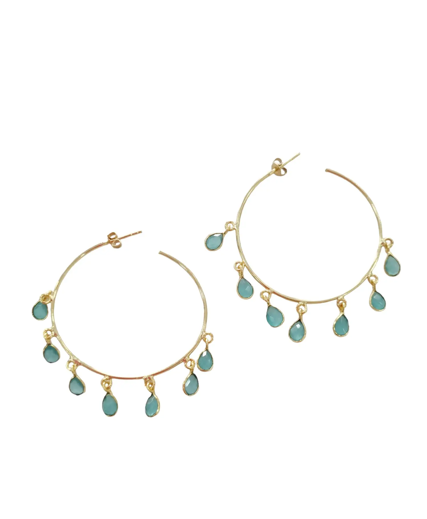 Circle earrings made of brass with hanging quartz drops in aquamarine colour.Circumference of circles 5cmWeight 3.1gr