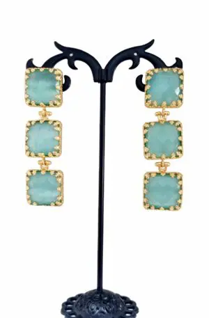 Earrings made with aqua green cat's eye surrounded by brass. Length 6cm Weight 12g