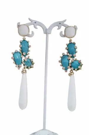 Earrings made with white agate and turquoise paste with zircons set in brass. Length 9.5cm Weight 12.7 g