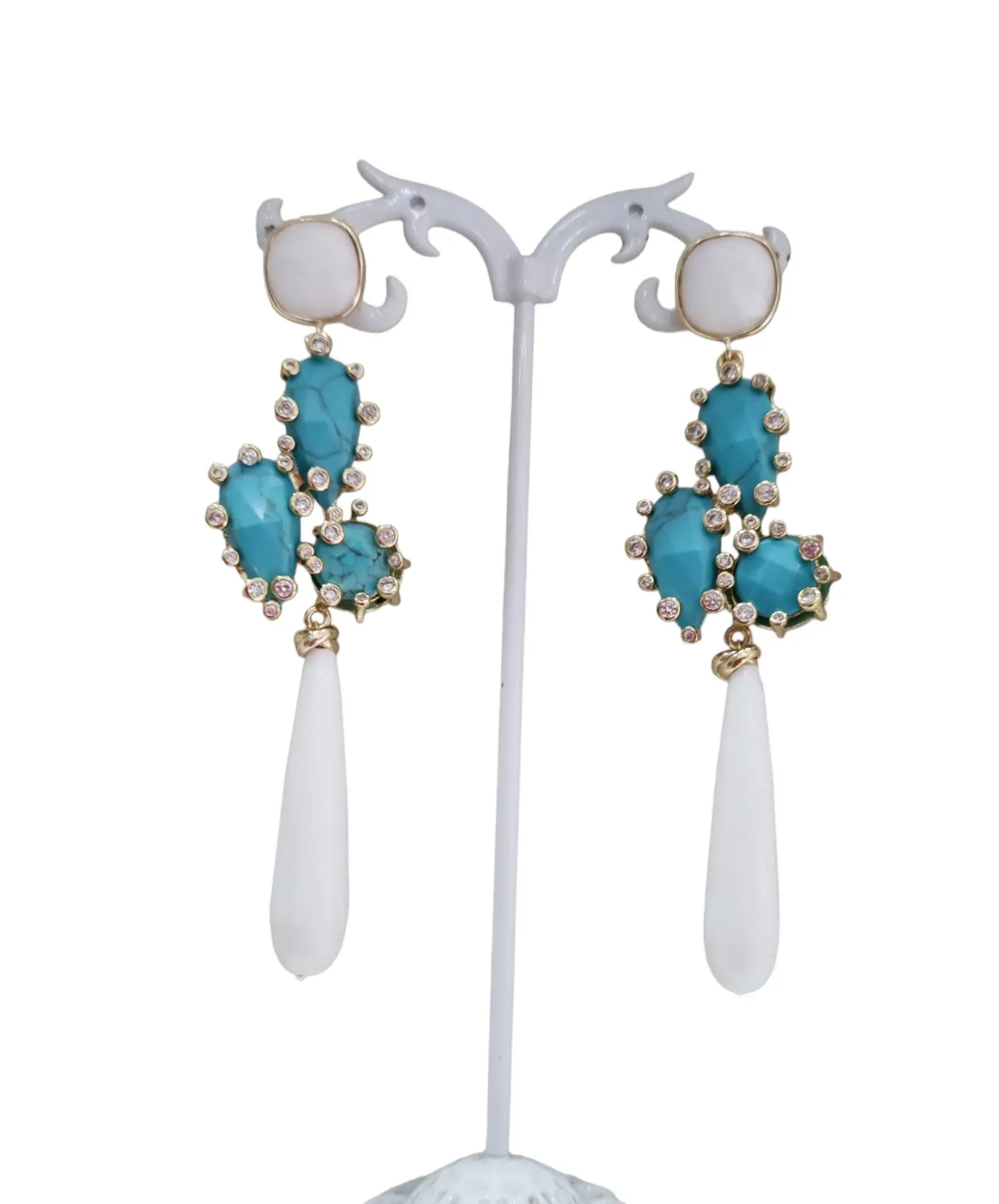 Earrings made with white agate and turquoise paste with zircons set in brass. Length 9.5cm Weight 12.7 g