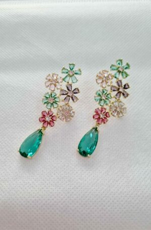 Earrings made with multicolored flowers and crystalloid drop. Length 6cm Weight 6.9g