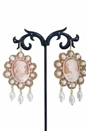 Earrings made with golden fabric, cameo, freshwater pearls and crystals. Length 6.5cm Weight 6.8gr