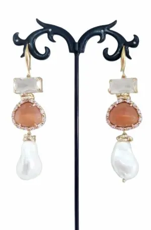 Earrings made with crystals, cat's eye surrounded by zircons and Mallorcan pearl Weight 12 g Length 7cm