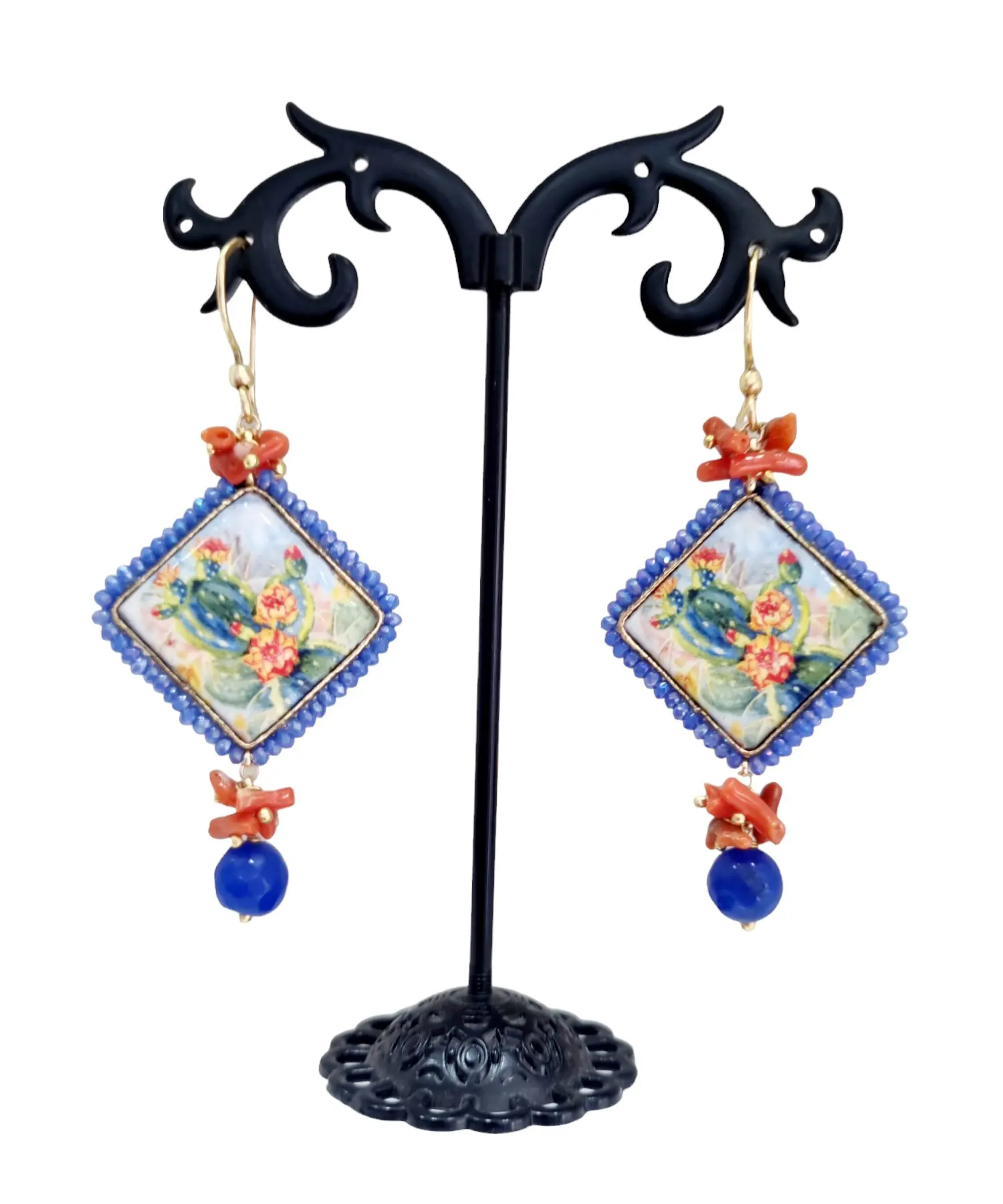 Earrings made with painted lava stone tile surrounded by crystals, agate and coral. Length 7cm Weight 6.6gr