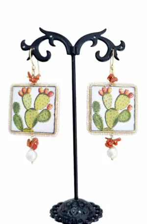 Earrings made of painted lava stone tile surrounded by microbeads, coral and river pearl Length 7.5cm