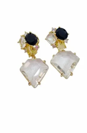 Earrings made with transparent, black, yellow crystals and zircons set. Weight 7.5g Length 4cm