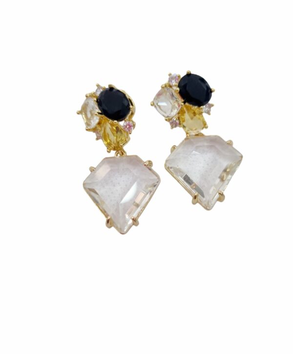 Earrings made with transparent, black, yellow crystals and zircons set. Weight 7.5g Length 4cm