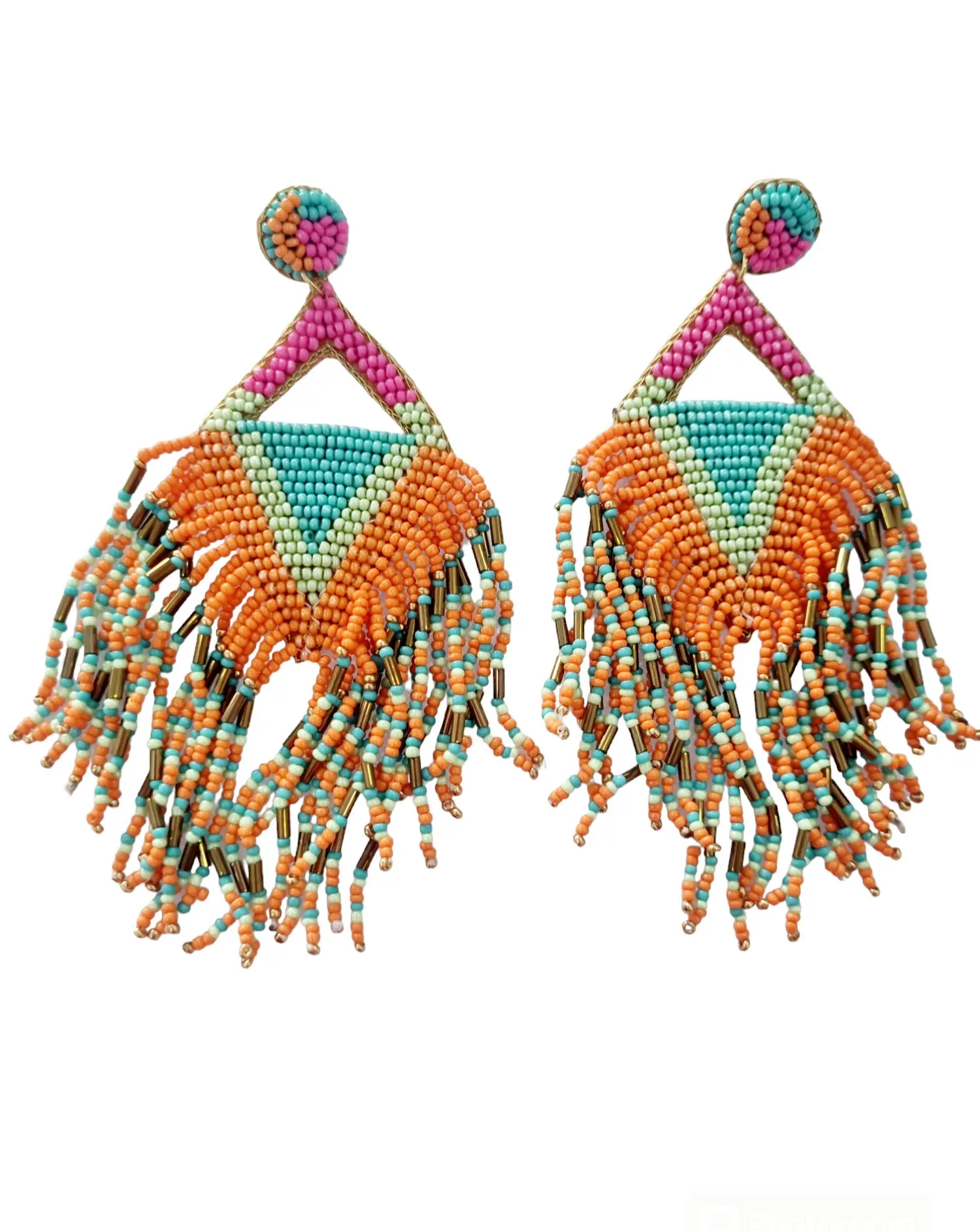 Earrings made with multicolored microbeads on fabric. Weight 13g Length 11.5 cm