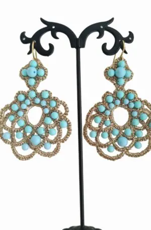 Earrings made with golden fabric and turquoise paste. Length 7cm Weight 4.1gr
