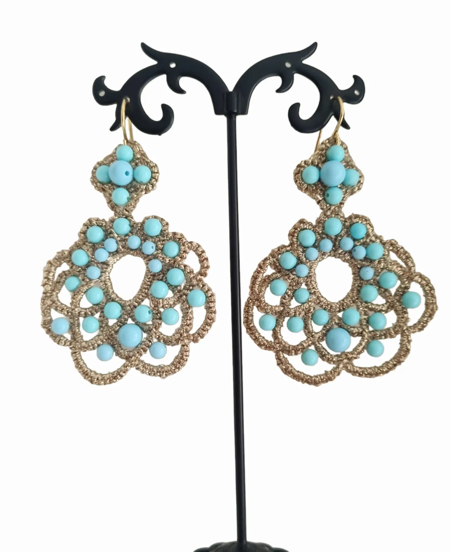 Earrings made with golden fabric and turquoise paste. Length 7cm Weight 4.1gr